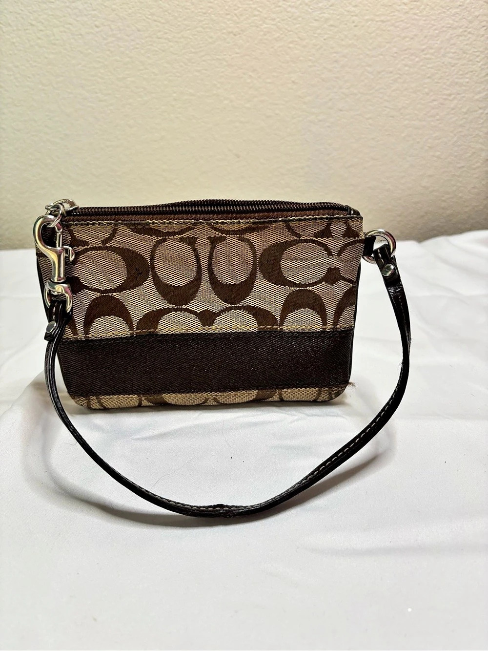 Coach Signature Stripe Small Wristlet in Brown & Tan